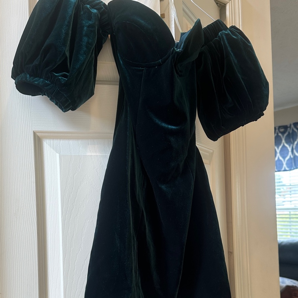 Oh Polly Velvet Off-Shoulder Mini Dress in Dark Green